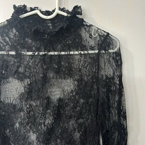 Lulu’s stretchy, black lace top, see-through, long-sleeve, turtle neck, light